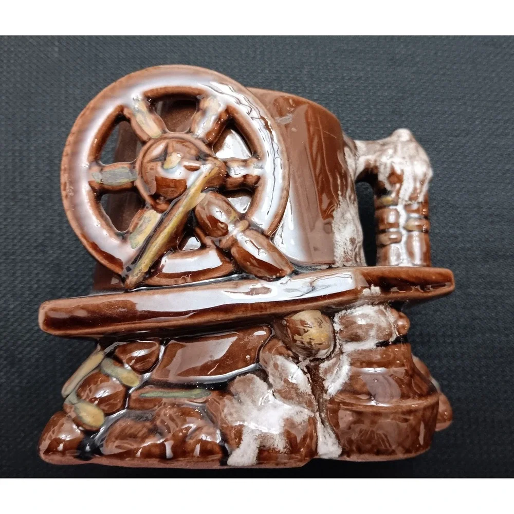 Vintage Brown Ceramic Spinning Wheel Creamer and Sugar Bowl Set Primitive Style